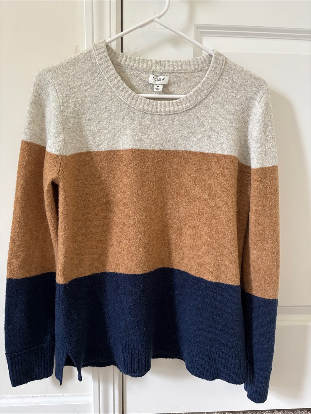 J. Crew Colorblock Crewneck Sweater in Grey, Tan & Navy